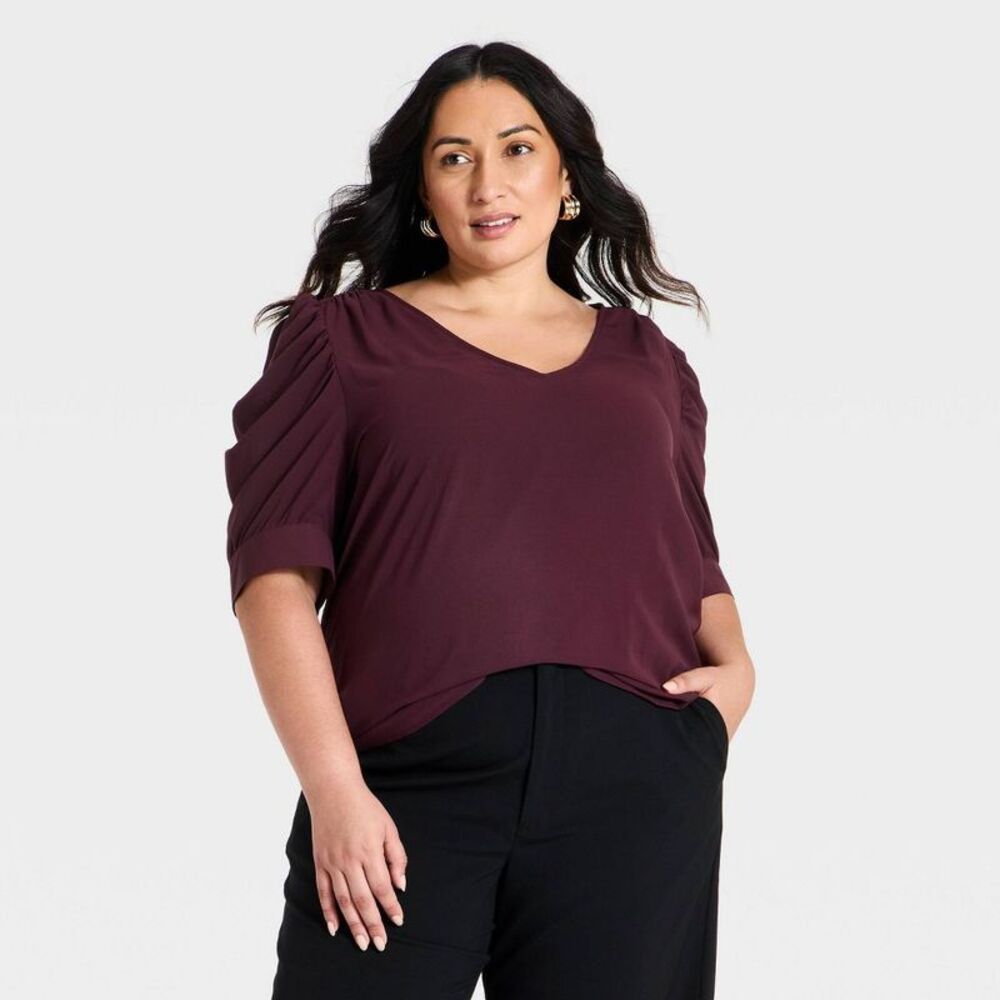 Women's Short Sleeve Draped V-Neck Top - A New Day Burgundy 3X